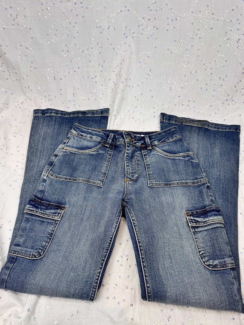 Subdued Soft Flare Cargo Jeans | Mid-Rise Utility Denim | Y2K Style | Size 28 US